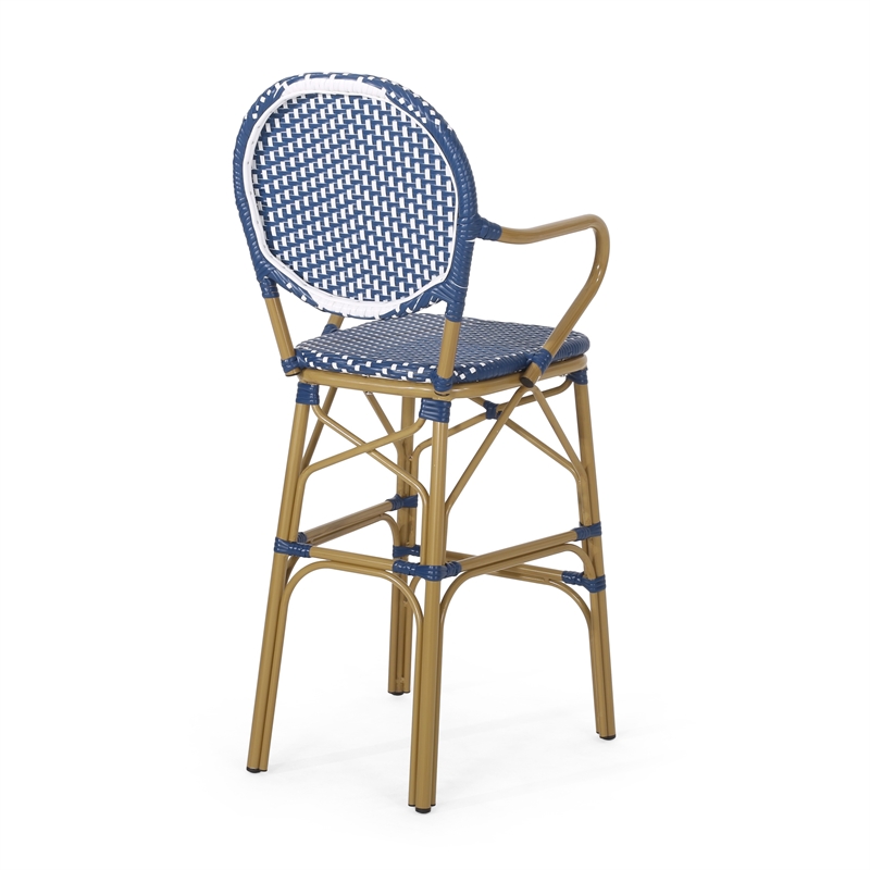 Benjara Lyam Set of 2 Outdoor Barstool Chair- Navy Blue Wicker- Brown Aluminum