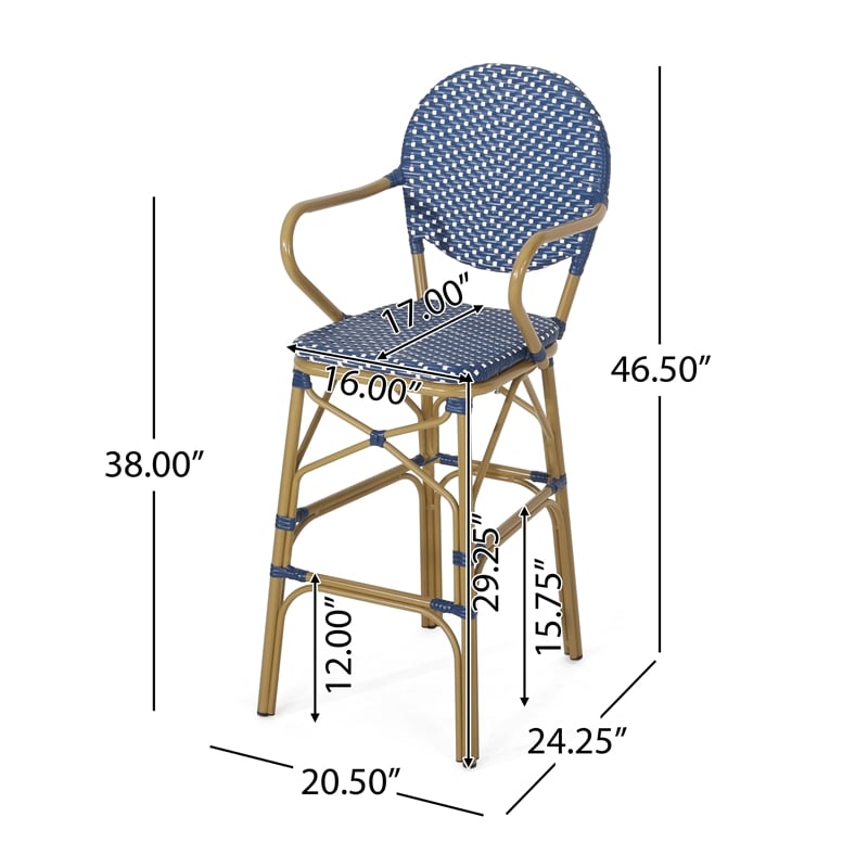 Benjara Lyam Set of 2 Outdoor Barstool Chair- Navy Blue Wicker- Brown Aluminum