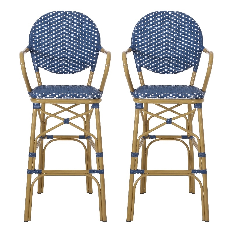 Benjara Lyam Set of 2 Outdoor Barstool Chair- Navy Blue Wicker- Brown Aluminum