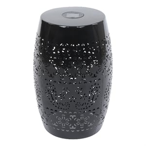 Benjara Sola Side Table- Solar Powered Light- 18&quot Barrel Shaped Black Iron