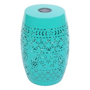 Benjara Sola Side Table- Solar Powered Light- 18&quot Barrel Shaped Teal Iron