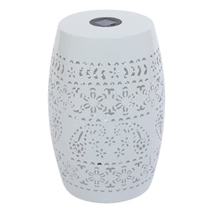 Benjara Sola Side Table- Solar Powered Light- 18&quot Barrel Shaped White Iron
