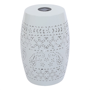 Benjara Sola Side Table- Solar Powered Light- 18&quot Barrel Shaped White Iron