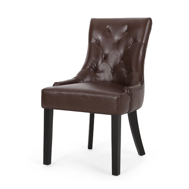 Benjara Chen Dining Chair Set of 2- Curved Brown Diamond Tufted Faux Leather