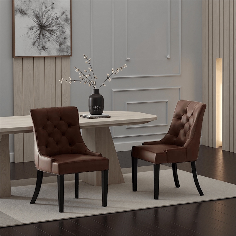 Benjara Chen Dining Chair Set of 2- Curved Brown Diamond Tufted Faux Leather
