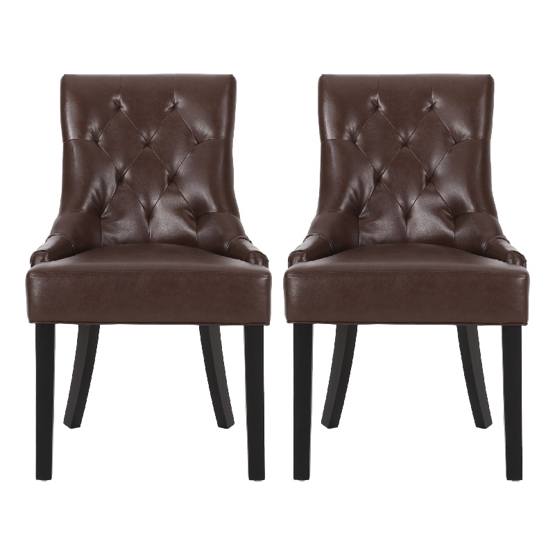Benjara Chen Dining Chair Set of 2- Curved Brown Diamond Tufted Faux Leather