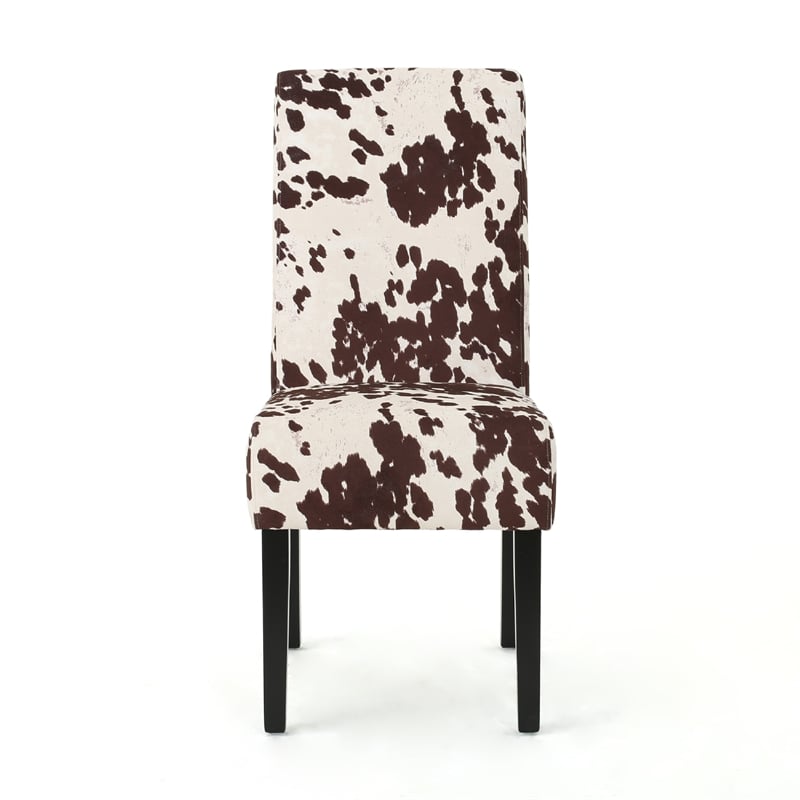 Benjara Serie Dining Chair Set of 2- Cowhide Pattern Beige Velvet- Rubberwood