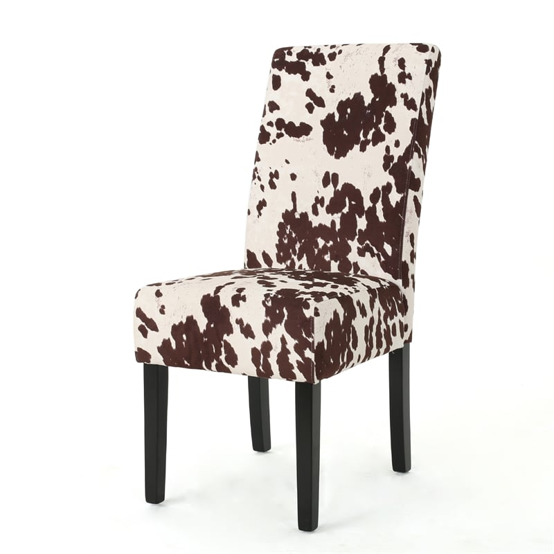 Benjara Serie Dining Chair Set of 2- Cowhide Pattern Beige Velvet- Rubberwood