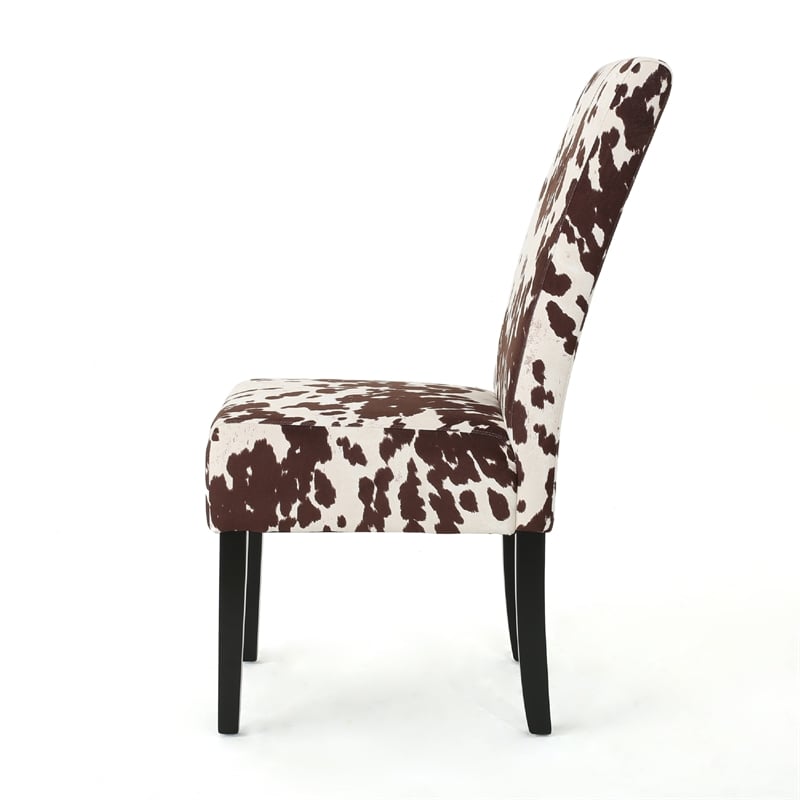 Benjara Serie Dining Chair Set of 2- Cowhide Pattern Beige Velvet- Rubberwood