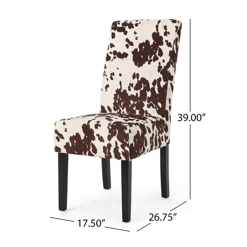 Benjara Serie Dining Chair Set of 2- Cowhide Pattern Beige Velvet- Rubberwood