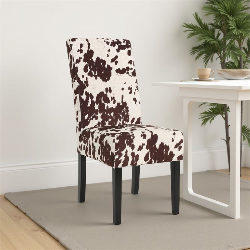 Benjara Serie Dining Chair Set of 2- Cowhide Pattern Beige Velvet- Rubberwood