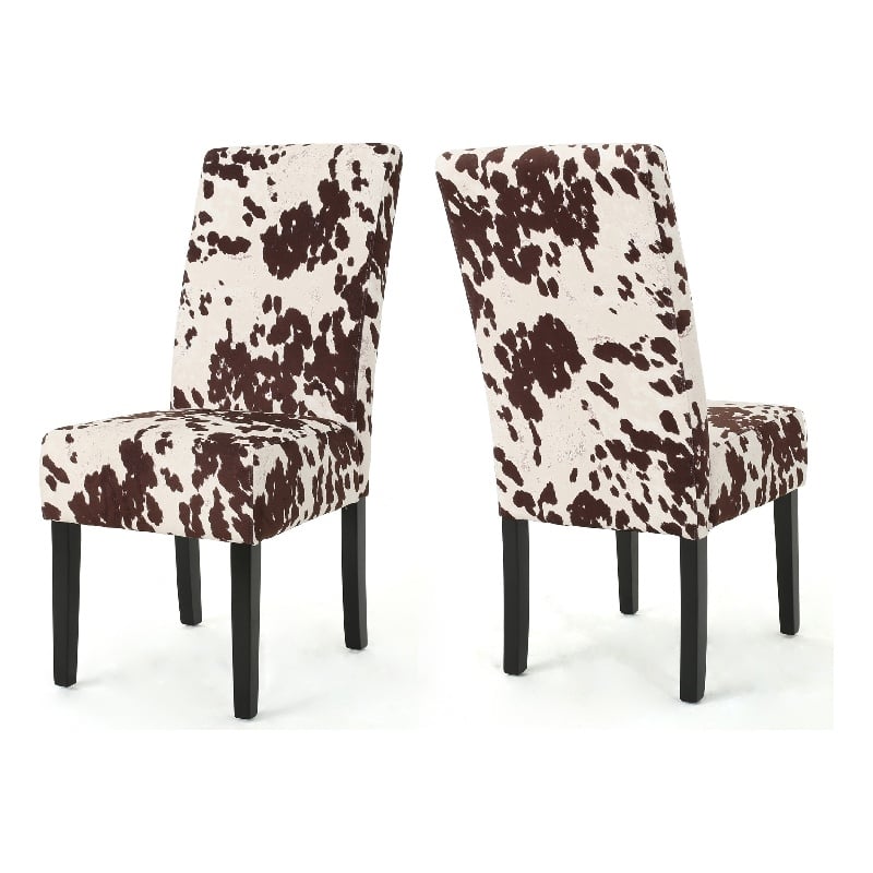 Benjara Serie Dining Chair Set of 2- Cowhide Pattern Beige Velvet- Rubberwood