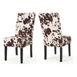 Benjara Serie Dining Chair Set of 2- Cowhide Pattern Beige Velvet- Rubberwood