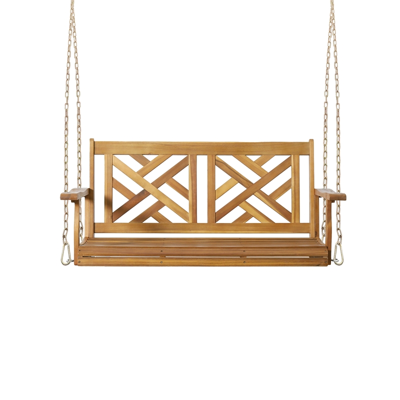 Benjara Annah Porch Swing Bench w Chains- Herringbone Teak Brown Acacia Wood