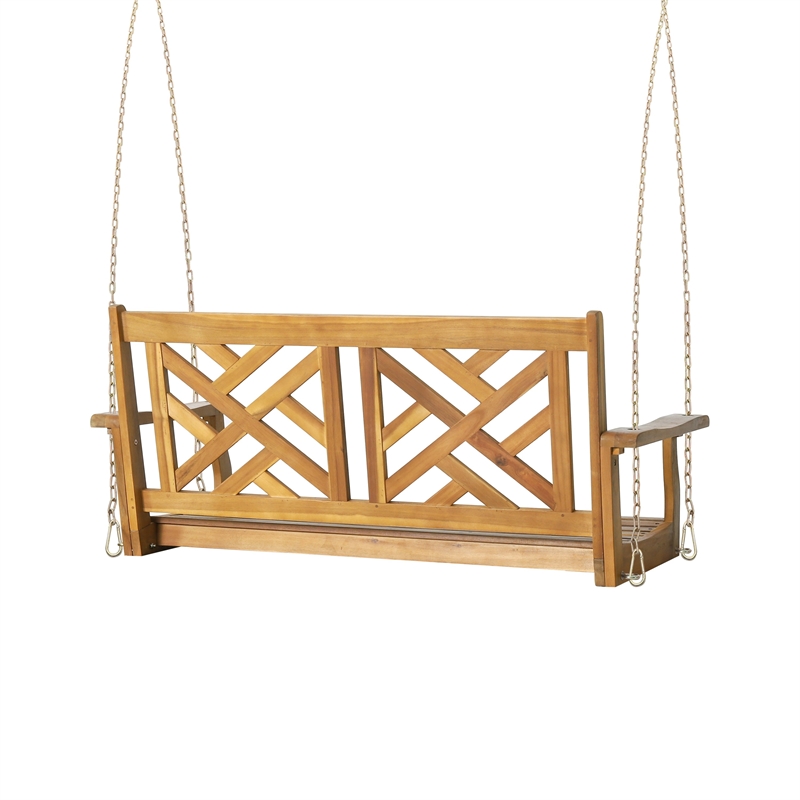 Benjara Annah Porch Swing Bench w Chains- Herringbone Teak Brown Acacia Wood