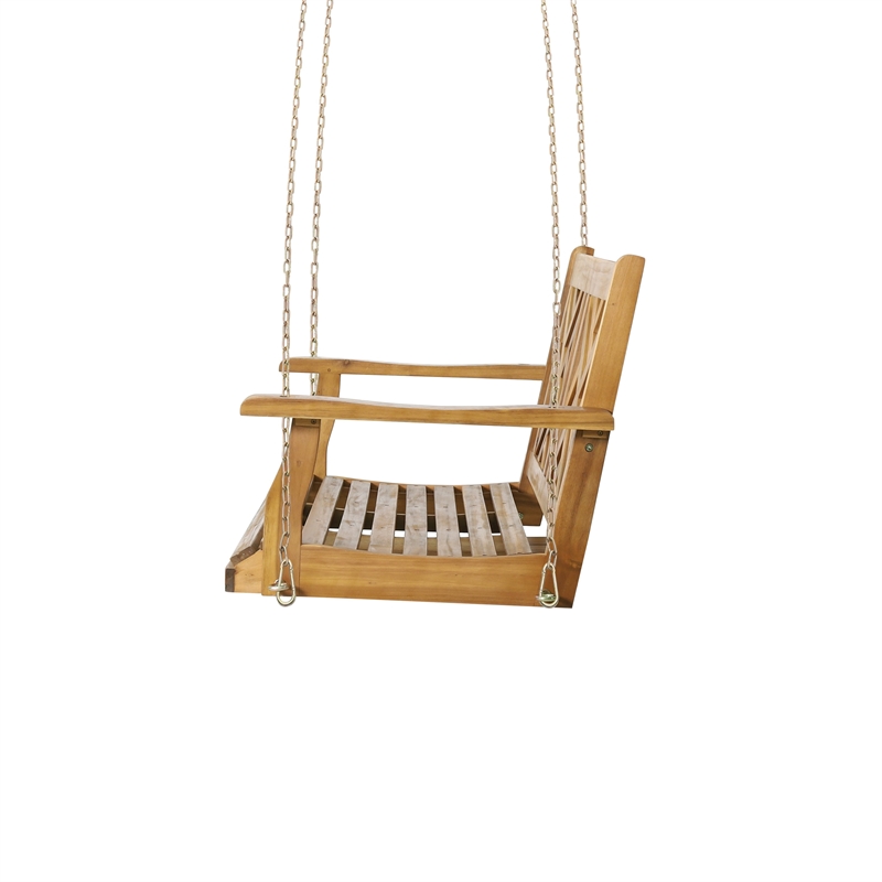 Benjara Annah Porch Swing Bench w Chains- Herringbone Teak Brown Acacia Wood
