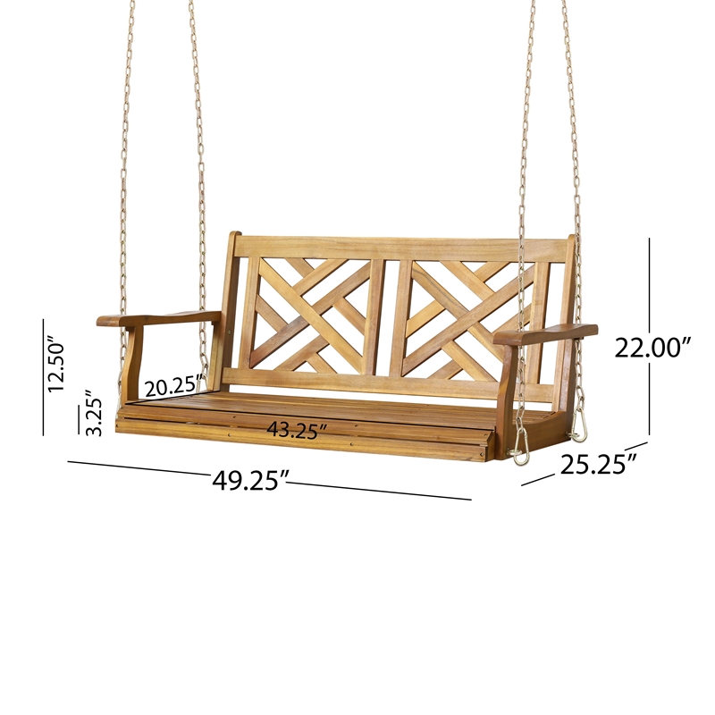 Benjara Annah Porch Swing Bench w Chains- Herringbone Teak Brown Acacia Wood