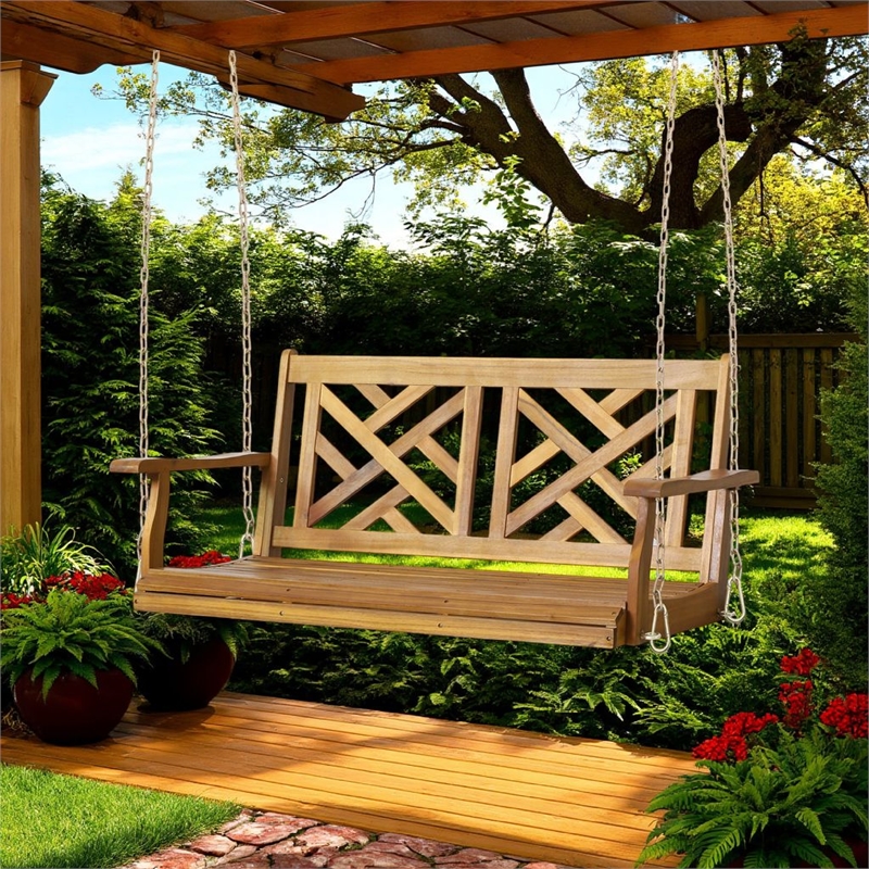 Benjara Annah Porch Swing Bench w Chains- Herringbone Teak Brown Acacia Wood