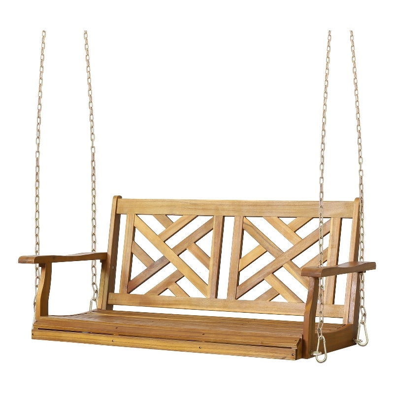 Benjara Annah Porch Swing Bench w Chains- Herringbone Teak Brown Acacia Wood