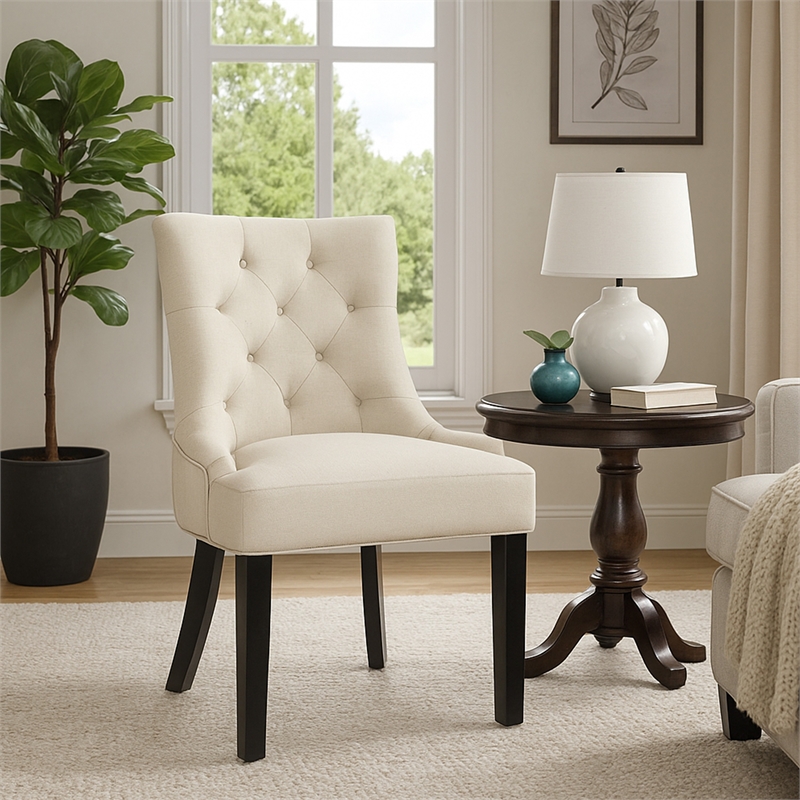 Benjara Chen Dining Chair Set of 2- Beige Fabric Upholstered Tufted Backrest