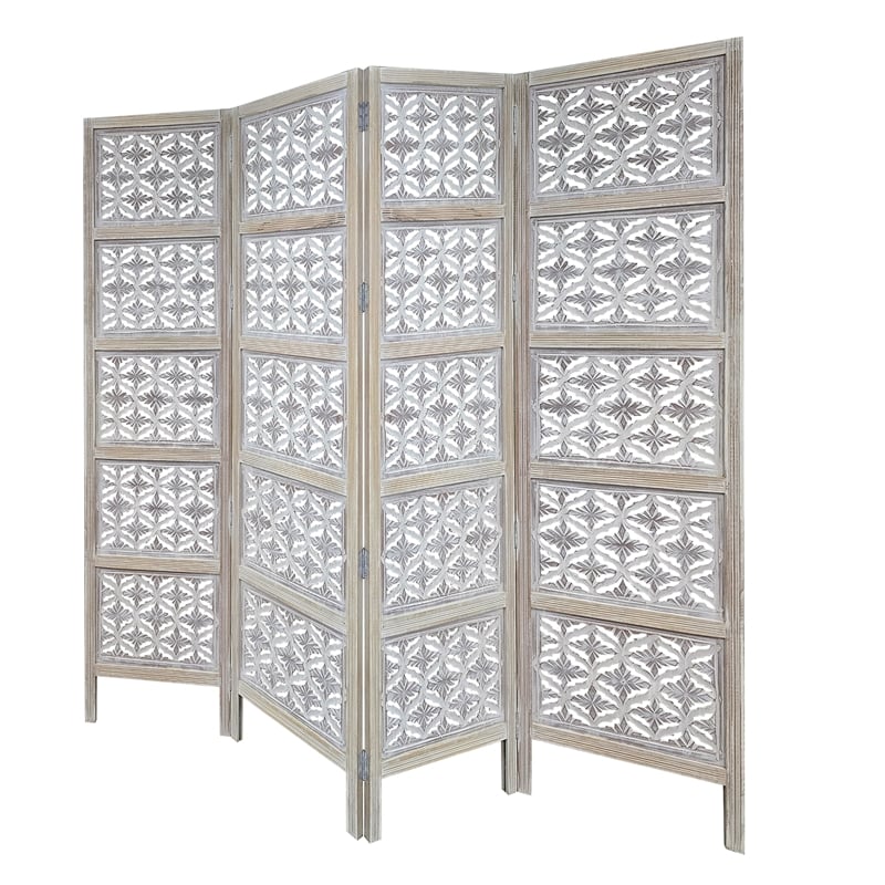 Benjara Taj 4 Panel Folding Room Divider Screen- Antique White Mango Wood