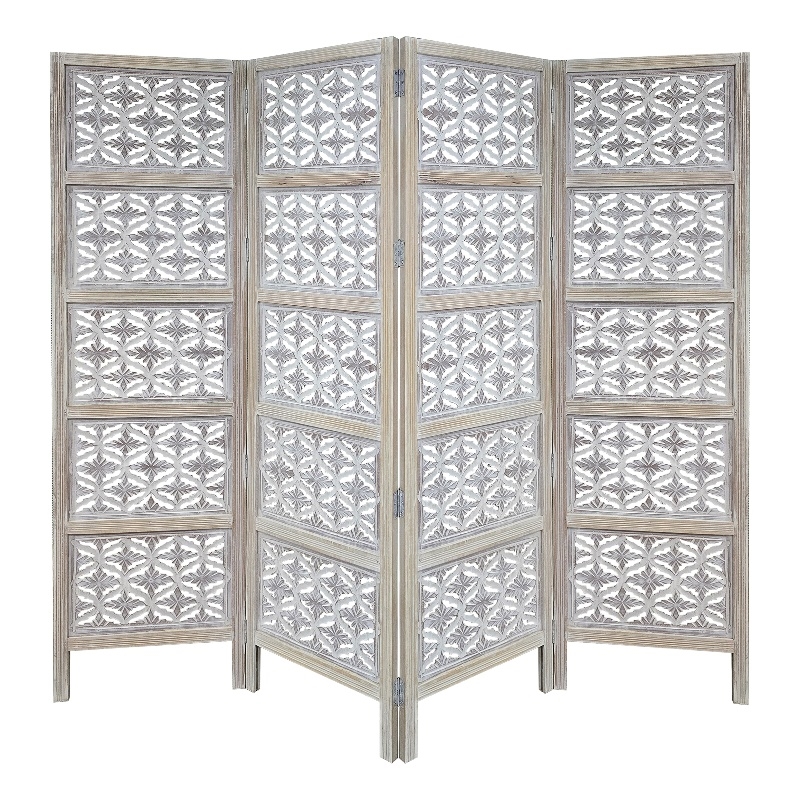 Benjara Taj 4 Panel Folding Room Divider Screen- Antique White Mango Wood