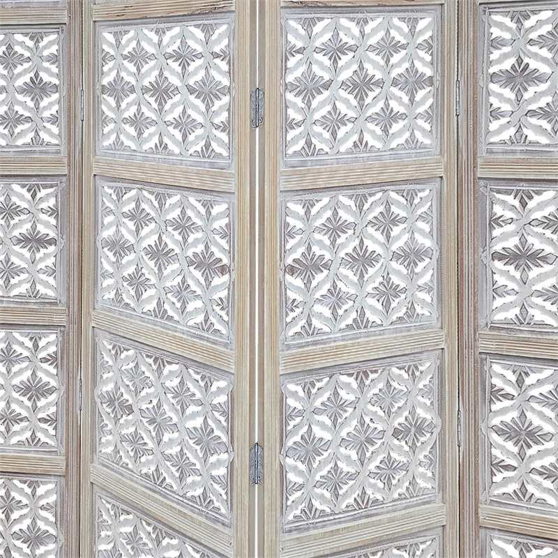 Benjara Taj 4 Panel Folding Room Divider Screen- Antique White Mango Wood