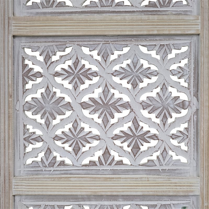 Benjara Taj 4 Panel Folding Room Divider Screen- Antique White Mango Wood