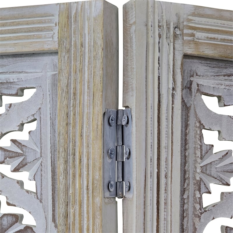 Benjara Taj 4 Panel Folding Room Divider Screen- Antique White Mango Wood