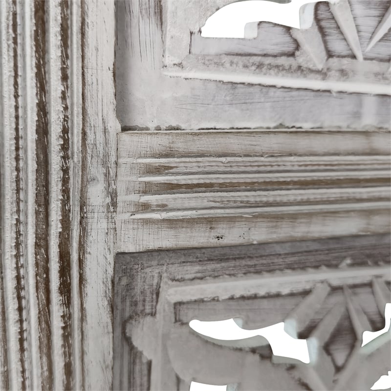 Benjara Taj 4 Panel Folding Room Divider Screen- Antique White Mango Wood