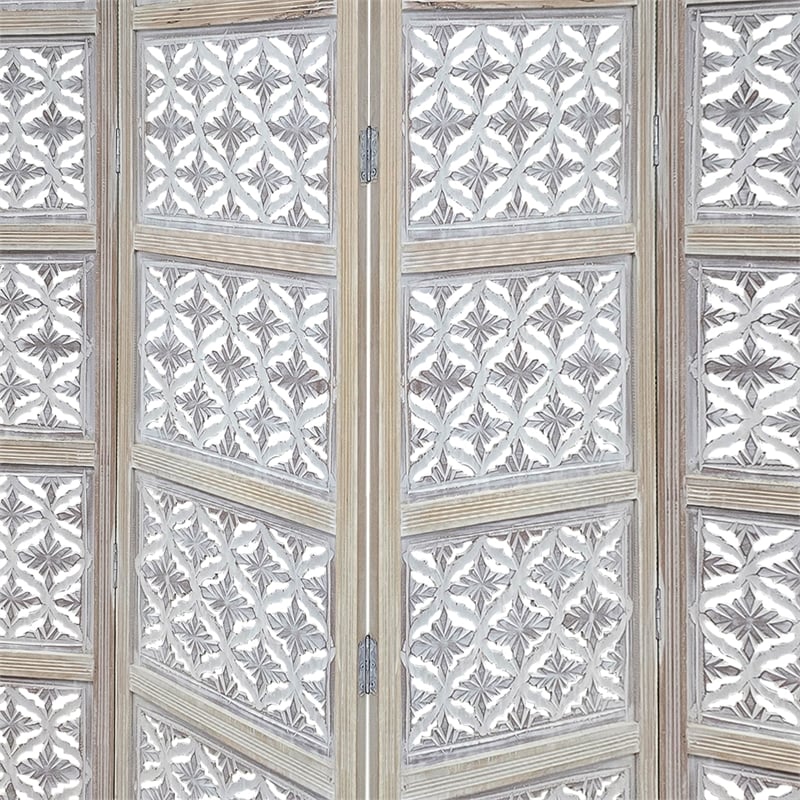 Benjara Taj 4 Panel Folding Room Divider Screen- Antique White Mango Wood