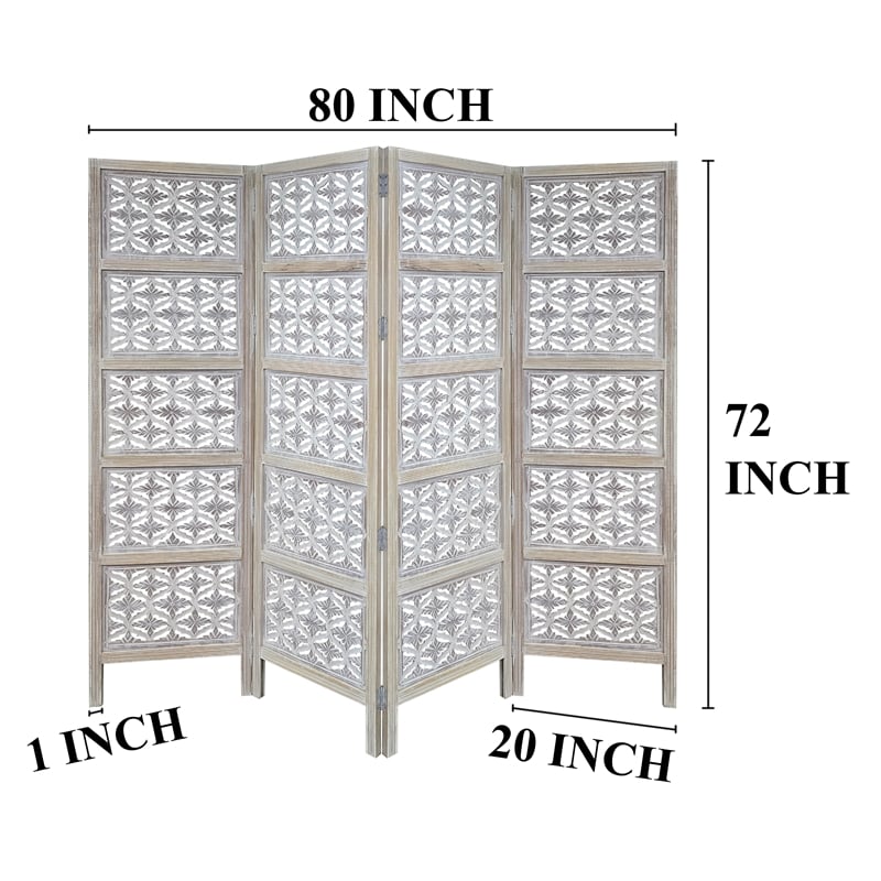 Benjara Taj 4 Panel Folding Room Divider Screen- Antique White Mango Wood