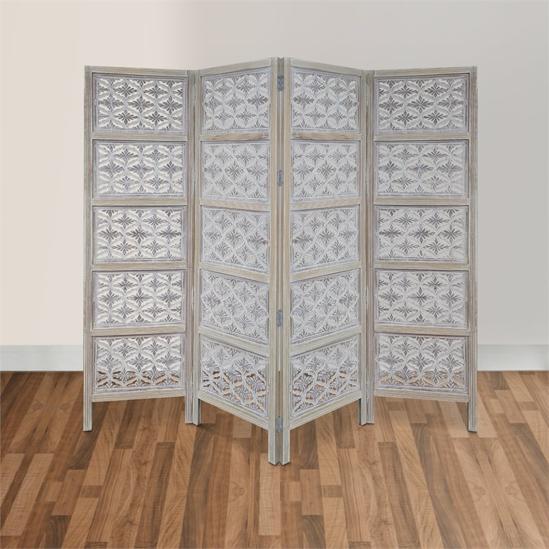 Benjara Taj 4 Panel Folding Room Divider Screen- Antique White Mango Wood