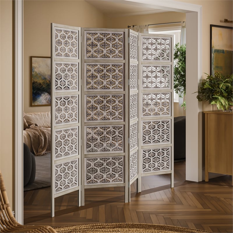 Benjara Taj 4 Panel Folding Room Divider Screen- Antique White Mango Wood