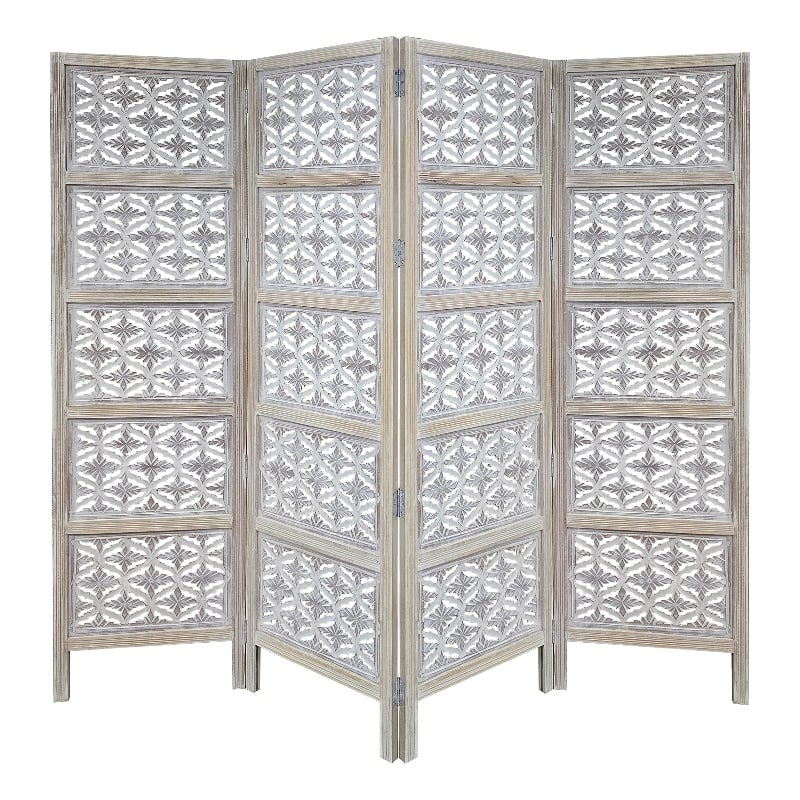 Benjara Taj 4 Panel Folding Room Divider Screen- Antique White Mango Wood