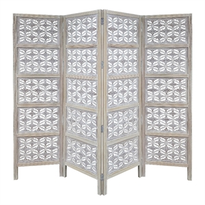 Benjara Taj 4 Panel Folding Room Divider Screen- Antique White Mango Wood
