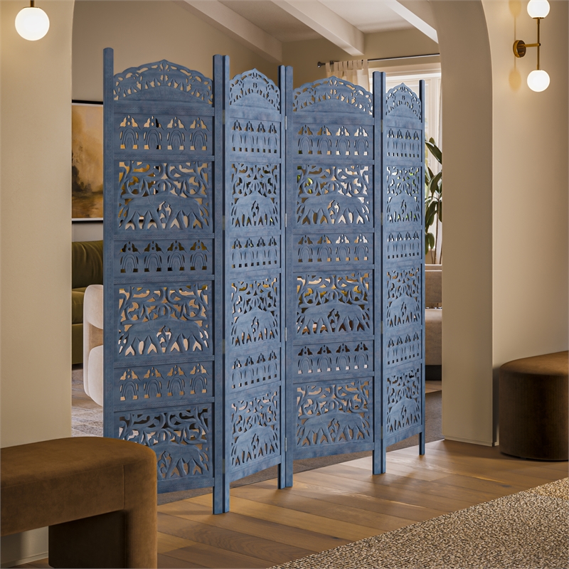 Benjara Jumbo 4 Panel Folding Room Divider Screen- Antique Blue Mango Wood