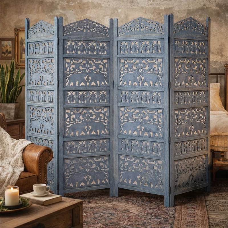 Benjara Jumbo 4 Panel Folding Room Divider Screen- Antique Blue Mango Wood