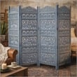 Benjara Jumbo 4 Panel Folding Room Divider Screen- Antique Blue Mango Wood