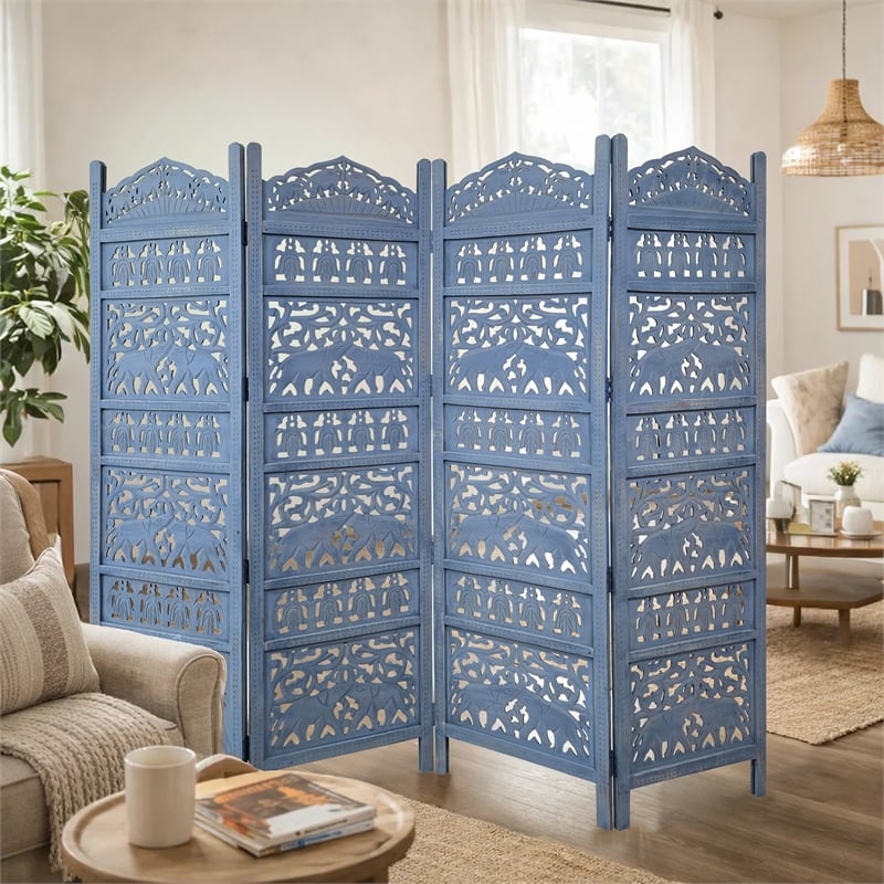 Benjara Jumbo 4 Panel Folding Room Divider Screen- Antique Blue Mango Wood