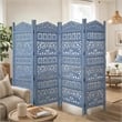 Benjara Jumbo 4 Panel Folding Room Divider Screen- Antique Blue Mango Wood
