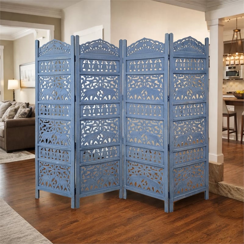Benjara Jumbo 4 Panel Folding Room Divider Screen- Antique Blue Mango Wood