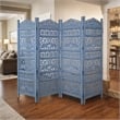 Benjara Jumbo 4 Panel Folding Room Divider Screen- Antique Blue Mango Wood