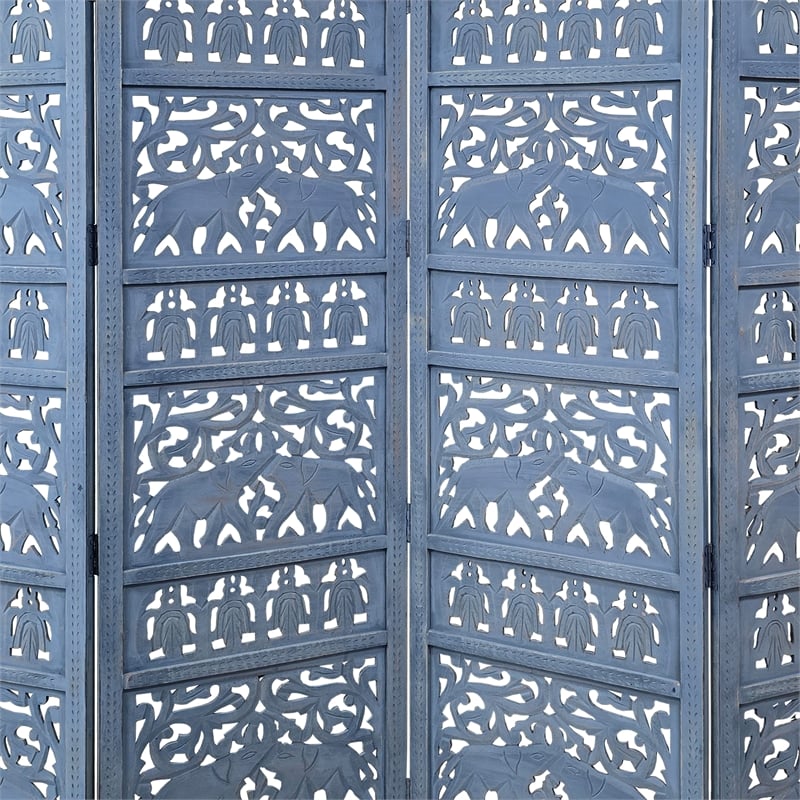 Benjara Jumbo 4 Panel Folding Room Divider Screen- Antique Blue Mango Wood