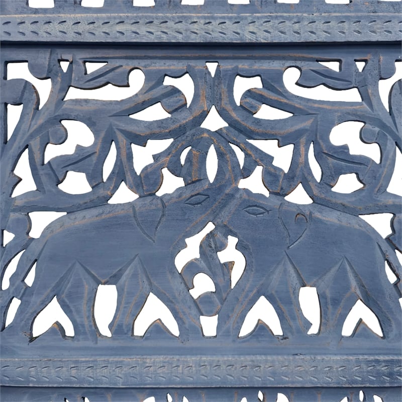 Benjara Jumbo 4 Panel Folding Room Divider Screen- Antique Blue Mango Wood