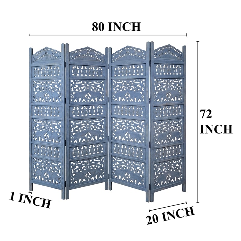 Benjara Jumbo 4 Panel Folding Room Divider Screen- Antique Blue Mango Wood