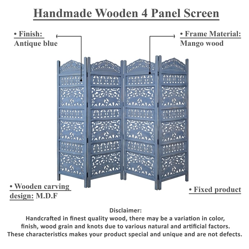 Benjara Jumbo 4 Panel Folding Room Divider Screen- Antique Blue Mango Wood