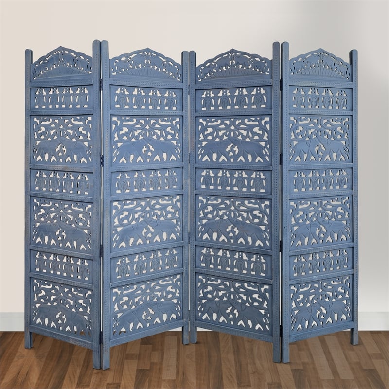 Benjara Jumbo 4 Panel Folding Room Divider Screen- Antique Blue Mango Wood