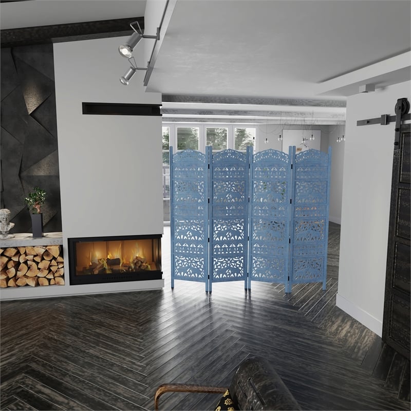 Benjara Jumbo 4 Panel Folding Room Divider Screen- Antique Blue Mango Wood
