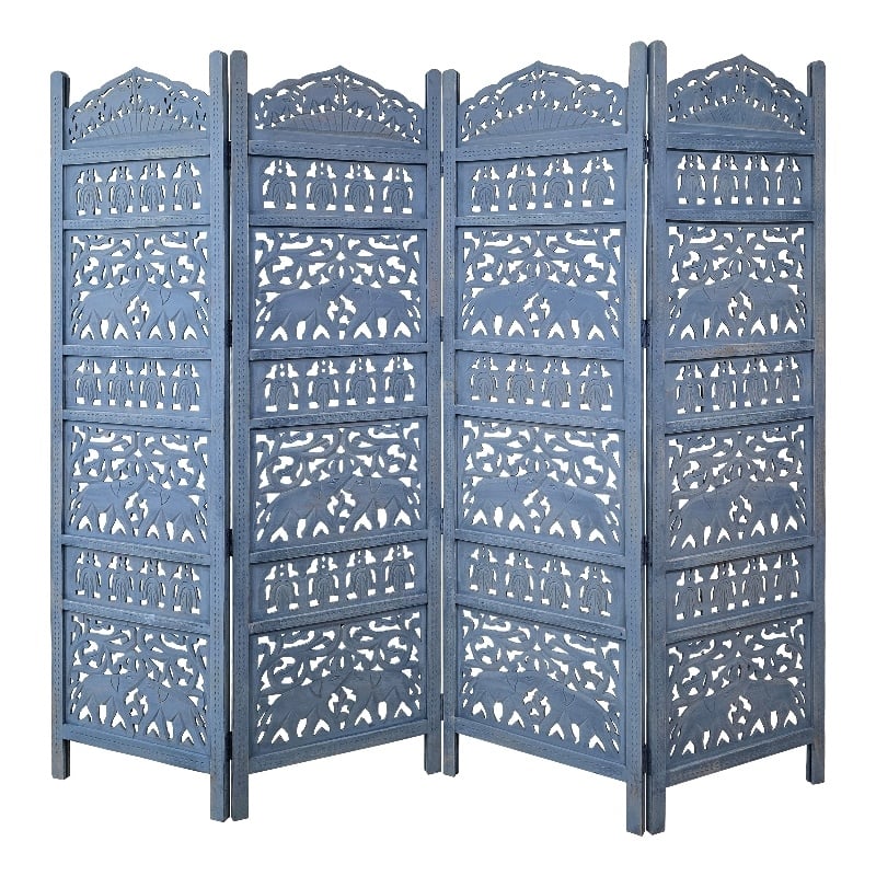 Benjara Jumbo 4 Panel Folding Room Divider Screen- Antique Blue Mango Wood